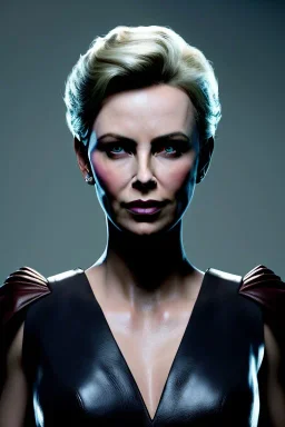 portrait of charlize theron as evil queen in black leather gown, leather, angry, stern look, volumetric lighting, particales,highly detailed,cinematic, deep colours,8