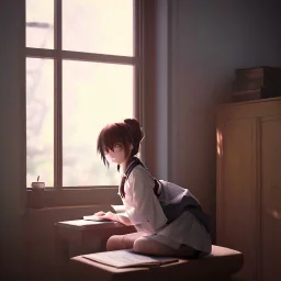 Anime girl studying in room, perfect face, window, nature, anime style, unreal engine 5, studio lighting --ar 2:1