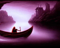 Charon the ferryman in his boat on the river Styx, red black purple colours, 8k, high definition, fantasy art, winding river, sharp jagged rocks, high contrast colours, sharp colours