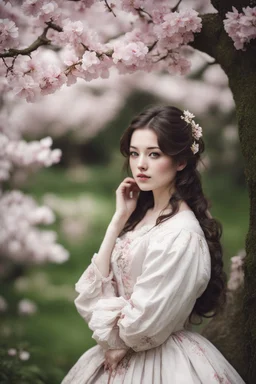 Beautiful Girl in the garden, 18 century, brunette, literally dark hair, dark eyes, fat, smell of sakura, rest, detailed face, england, she is staying under the tree