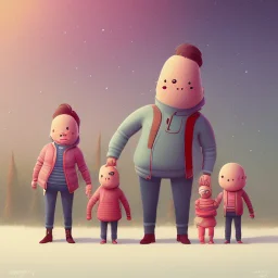 An awkward studio photo of a family, cartoon style Simon Stålenhag