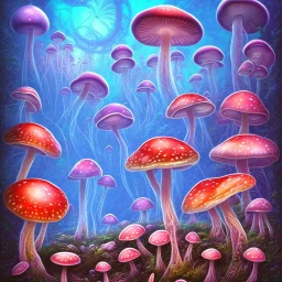 psychedelic mushrooms and flying jelly fish and antic city in the background 3D