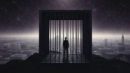 inner stands a human figure alone in an cube like cage with dense bars , in outside around in the distance big landscape with big city and many fade human figures in the city, dark purple, gray, black, white, brown. Whimsical style and surreal vibe, lonely with neuron network background, surreal stunning vibe