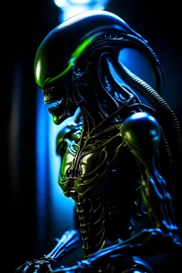 Female xenomorph in a dark, eerie atmosphere, detailed biomechanical exoskeleton, glowing bioluminescent accents, sinister and predatory stance, high quality, sci-fi, cool tones, atmospheric lighting, intense and focused gaze, sleek design, NSFW, female