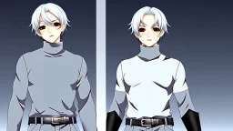 Satoru Gojo is a young tough guy white hair blue eyes black turtleneck without arms white loose pants in a defensive pose