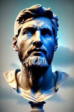 Ultra Realistic image, roman sculpture, white marble material, Lionel Messi, gold winner Laurel crown, miguel angel style, chisel style, emperor, waist up portrait, epic, celestial style, cinematic lighting, God light, god rays, 4k resolution, smooth details, ornate details, soft lighting, unreal engine 5, sky and clouds background.