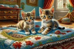 Hand sewn and embroidered extremely cute kittens, threads, sewing needles and a pair of scissors on a table on lace blanket in a luxury bedroom, centre, bold colours elegant fantasy 8k beautiful dynamic lighting award winning imperial colors hyperrealistic ultra detailed 4K 3D high definition crisp quality colourful hdr in sunshine