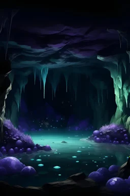 An under water amethyst cave , with black sparkles