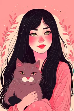 cozy vibes art girl with long black hair with calico cat