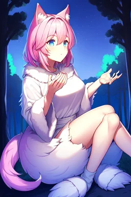 Forest , night, girl, blue eyes, pink hair, big wolf tail, wolf ears, wolf paws, sit, have fur on hands