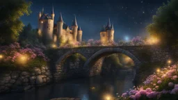 Medieval castle, fantasy, night, flowers, bridge, glare, sparkles, clear lines, detail, fine rendering, high resolution, 4K, photorealism, precise focus,