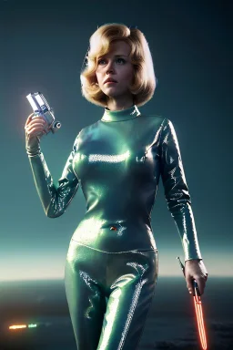 Ultra Realistic retro sci-fi portrait image from 1960, New York, spaceship, sweet young Jane Fonda, tight latex suit, weapon, fighting stance, soft color, highly detailed, unreal engine 5, ray tracing, RTX, lumen lighting, ultra detail, volumetric lighting, 3d, finely drawn, high definition, high resolution.