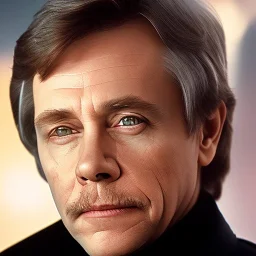 extremely detailed 8k hyperspace wallpaper,complete and photo realistic detailed head to waist stunning photo realistic portrait of mark hamill as luke skywalker in star wars with short lenght, Symmetrical, soft, fine, warm, photo realistic hair, brown eyes, professional majestic photo realistic painting by Ed Blinkey, Atey Ghailan, by Jeremy Mann, Greg Manchess, Antonio Moro, trending on ArtStation, Intricate, High Detail, Sharp focus, dramatic, by greg rutkowski,