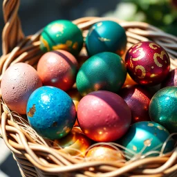 digital photograph of off-center modern basket colorful Easter eggs. eggs display intricate textures in azure, emerald, blush, crimson, sapphire, and gilded metallic hues. cinematic HDR backlighting highlights subtle dimples and glossy reflections, with shallow depth of field softening the sunlit background. hyperrealistic 8k resolution,