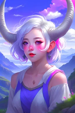 Portrait of cute girl with horns white hair purple eyes, cloudy sky background lush landscape illustration concept art anime key visual trending pixiv fanbox by wlop and greg rutkowski and makoto shinkai and studio ghibli