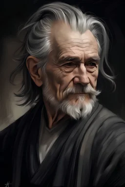Oil portrait style. Dark palette. Waist-high. An old gray-haired man with long hair. The hairstyle is a man's bun. Clean-shaven.