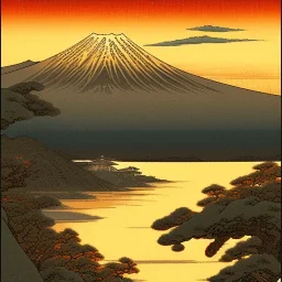 Ukiyo-e Style , mount fuji, sun set