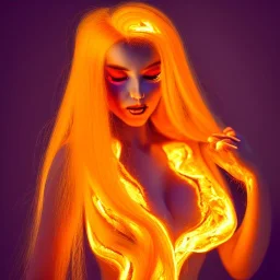 woman made of fire, fire angel, fire clothes, full body portrait, long flowing yellow hair, highly detailed, real life photo, photo quality, extremely detailed, highly detailed, 8K, crisp quality