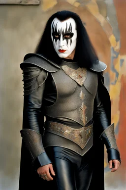 text 'KISS' - head and shoulders portrait, KISS 20-year-old Gene Simmons, black spandex and leather, silver, medieval shoulder and chest armor, black cape, studded codpiece, 8-inch high platform boots, ponytail on top of head, - a multicolored cement wall in the background,