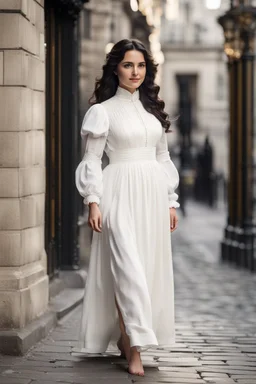 full body standing of a beautiful woman in her 18s, brunette (a Greek goddess), a little chubby, frontal face, shy smile, black wavy hair, wearing a white dress (with a high collar) from the 19th century, on the street of London in the 19th century , morning, cinematic, hd, 8k, sharp focus