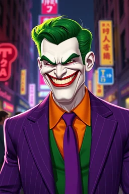 Jack Nicholson, The Laughing Man - A tall, muscular 20-year-old man, with (((Short, crew cut wavy green hair tapered on the sides and back:1.5))), his face is white with red lips permanently stuck in an evil grimace/smile, he has thick, bushy green eyebrows He wears a purple pinstriped jacket over a green waistcoat and an orange button up shirt with a purple tie, ((Photorealistic)), ((Cinematic Lighting)), the background is a Dark, neon lit city