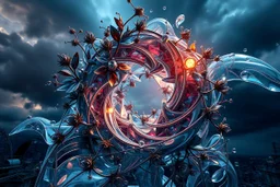 Dynamic complex hypnotic fractal 3D structures Symmetry twisting and morphing between plants and metal geometric forms , smooth translucent iridescent glass with inner glow and bubbles, varied transparent materials, stormy skies, intense dramatic