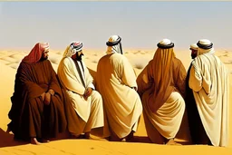 A tall fat european man in business suit wathcing four Arabian sheikhs sitting in the desert wearing typical Arab dresses, looking towards the four cardinal points and he is thinking.