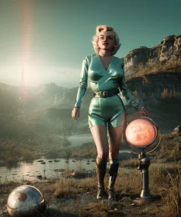 Ultra Realistic retro sci-fi 1960 scene, waist up view portrait, blonde woman, sweet young Marilyn Monroe face, perfect iris, tight latex coat, Strange planet background, Retro sci-fi style glass helmet, sphere dron, fog, rain, soft color, highly detailed, unreal engine 5, ray tracing, RTX, lumen lighting, ultra detail, volumetric lighting, 3d, finely drawn, high definition, high resolution.