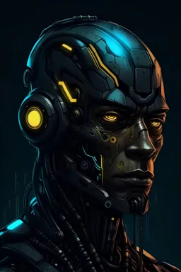 Cyborg with a darkened face in the style of 70s science fiction.
