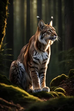 A majestic linx in the forest , natural colors, dynamic light and shadow, mid-angle , intricate details, very detailed scene with intricate details, realistic, natural colors, highly detailed, UHD ,perfect composition, insanely detailed 32k artistic photography, photorealistic concept art, soft natural volumetric cinematic perfect light