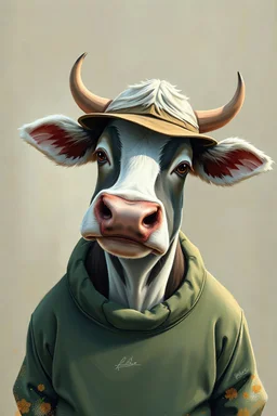 Portrait painting of a cow wearing clothes animation