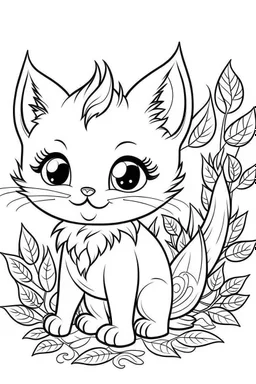 cute coloring page, sketch style, cute baby cat in the wood, cartoon, white and black, withe background, no shadows, outline.