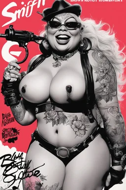 SNIFFIN’ GLUE magazine high res photo cover by Ralph Steadman: special bombshell in agent provocateur for her with curvy tattoos issue; guest star : Bebop and Rocksteady