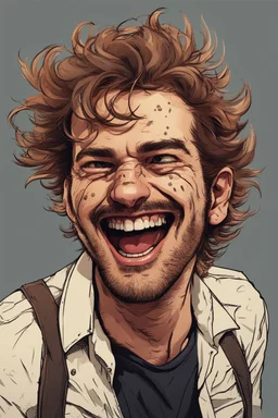 deranged laughing man with messy hair and stubble