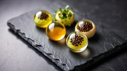 A gourmet dish showcasing molecular gastronomy techniques: spheres of balsamic vinegar, olive oil caviar, and foamed avocado. The dish is presented on a sleek, black slate with a flourish of microgreens. Award-winning photograph, beautiful composition, exquisite detail and illumination