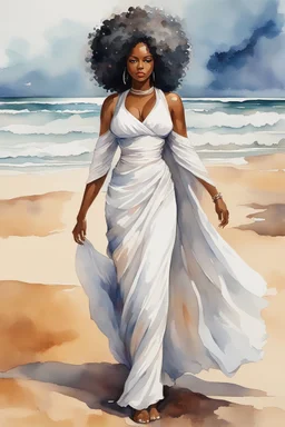 Create an urban culture watercolor painting of a beautiful thick black female wearing a soft white maxi dress and a white hair wrap. Prominent make up with lush lashes. Highly detailed tightly curly afro. Background of her walking in the sand by the ocean.