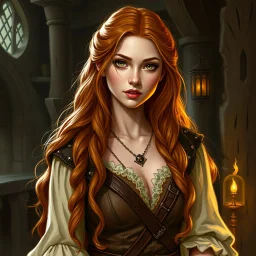a beautiful tavern wench woman, young, long ginger hair, medieval, fantasy art