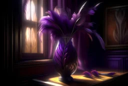 a beautiful, lifelike feather bouquet in purple with a lifelike eye in the centre in a beautifu vase in an elegant room S<AI Nikon D850 highly detailed digital painting sharp focus elegant intricate photorealistic 4k very attractive beautiful dynamic lighting award winning fantastic view crisp quality Unreal Engine very cute cinematic postprocessing acrylic art in sunshine