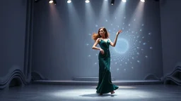 modern stage with gray-blue theme artistic decoration , color full dynamic lighting, a beautiful lady in modern maxy dark green dress with shining silver jwells dancing, 3D recursive fractal structure animating background