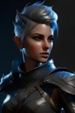 create a female air genasi from dungeons and dragons, dark gray short hair, undercut, light blue eyes, wind like hair, wearing hot leather clothing that also looks studded, realistic, digital art, high resolution, strong lighting