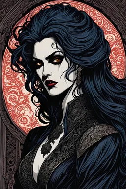 museum quality color woodblock print of an enigmatic, darkly visionary and disturbed Malkavian female vampire with highly detailed hair and facial features , with a fine art , graphic novel aesthetic, highly detailed, finely cut ,8k render,