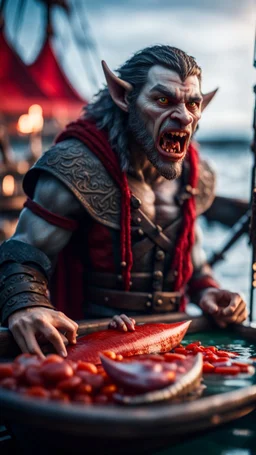 portrait of a vampire werewolf sucking the blood of fish on a viking ship, on a glass pier ,bokeh like f/0.8, tilt-shift lens 8k, high detail, smooth render, down-light, unreal engine, prize winning