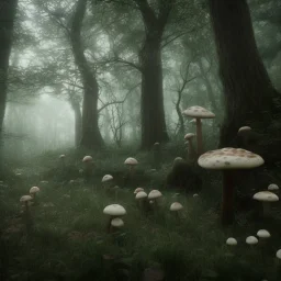 mushroom forest, 4k, 8k, highly detailed, cinematic, ultra photorealistic, volumetric lighting, sharp details, mist, trees, depth of field