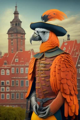 Half parrot half human in a 1700s Orange Dutch uniform next to a Dutch city