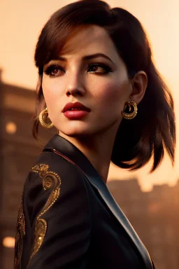 Young business woman, dark orange eyes, dark brown hair, elegant hair, thin lips, gold hoop earrings, waist up portrait, 8k resolution, intricate details, ornate details, soft lighting, vibrant colors, retroanime, masterpiece, realistic, intricate eyeliner, dark eyeshadow, eyes,futuristic cityscape background