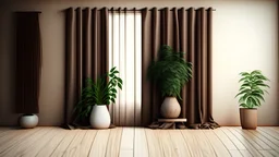 all mockup with brown curtain, plant and wood floor. 3D illustration.