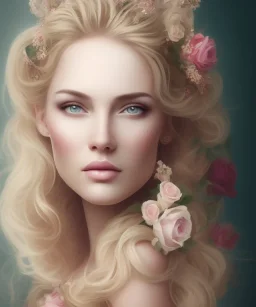 portrait borders head Princess with great bobs long blond hairs eyes no top with roses