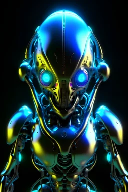 Alien robotic body with sleek metal armor, glowing LED lights.alien head with multiple eyes, antennae, and vibrant-colored skin.