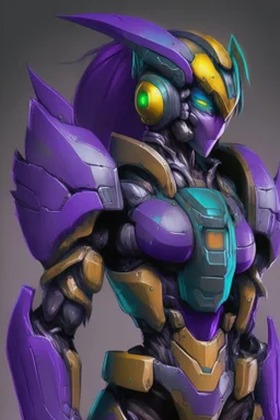 One Genderless Cyborg made of old rusted metal, has a human like face with a really long violet ponytail, the armor is similar to Omega from Megaman. The color palatte of the armour is deep purple and yellow. They have Turquoise colured eyes. The Background is dark grey.