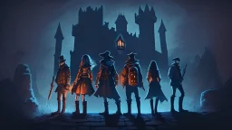 Adventurer party of four people, standing before a dark castle